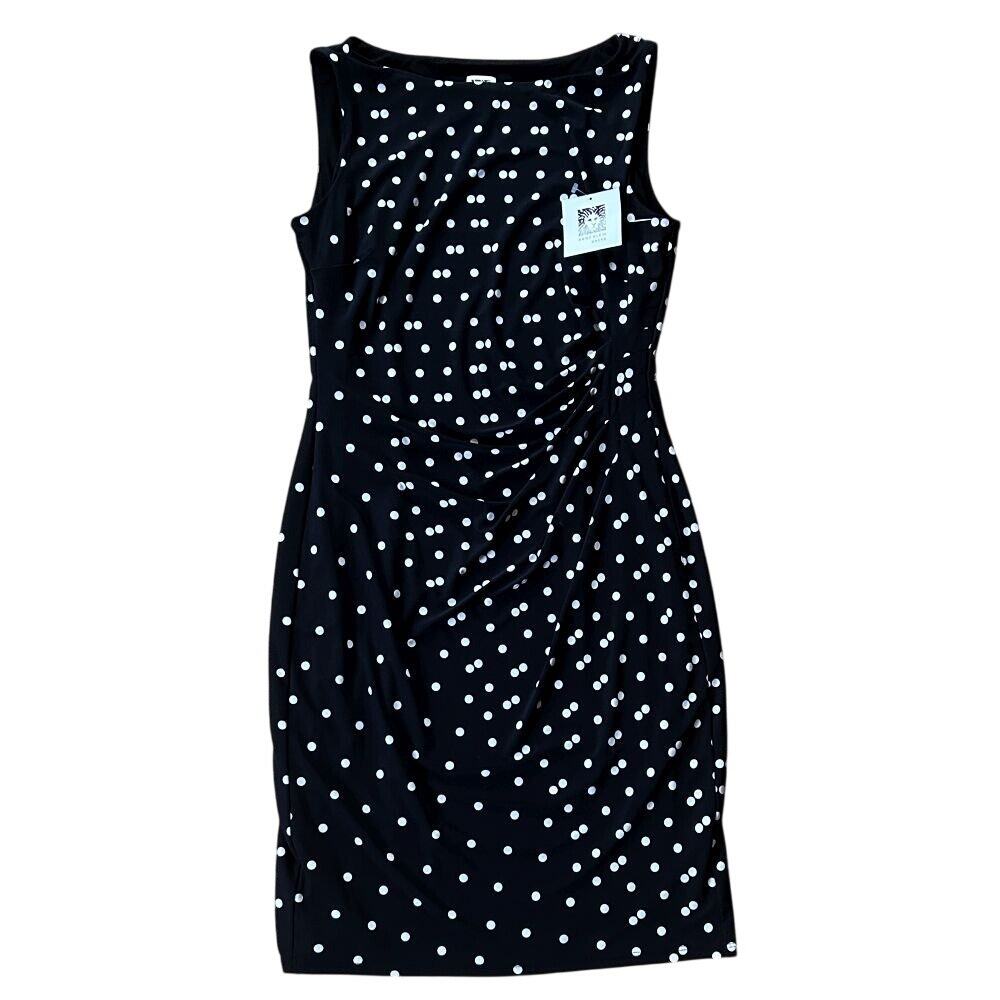 NWT Ann Klein Sleeveless Ruched Side Lined Black & White Polka Dot Dress 8